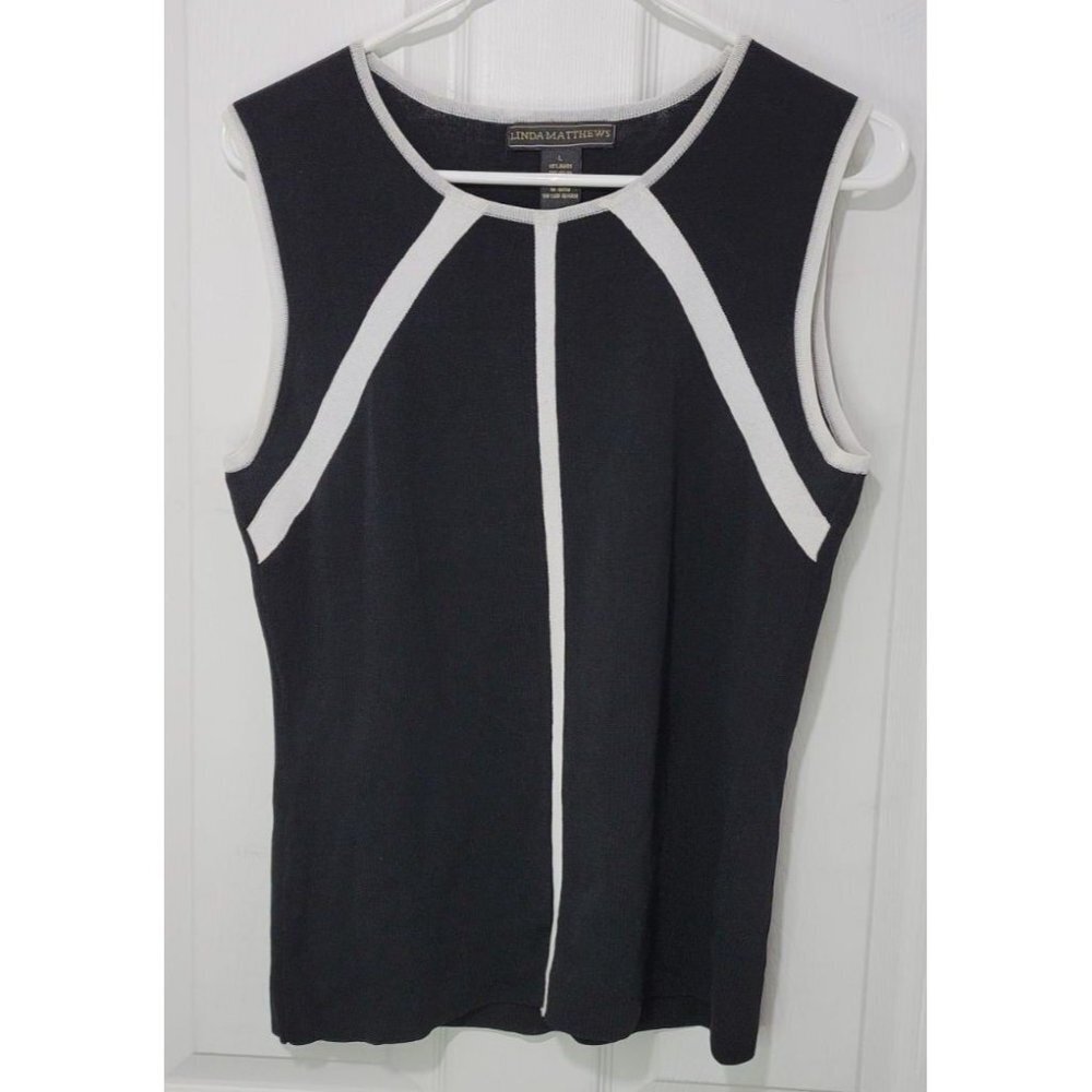 Linda Matthews Large Knit Sleeveless Top Black with White Trim - Picture 3 of 5